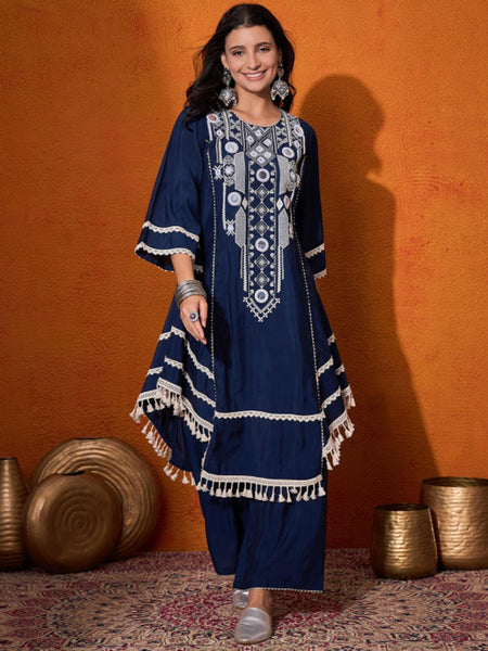 Floral Embroidered Mirror Work A-Line Kurta with Palazzo Co-Ords Set For Women, Wedding Guest Outfit, Indian Co-Ords Set, Indo Western Dress VitansEthnics