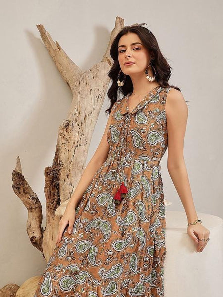 Ikat Print Fit & Flare Maxi Dress For Women, Indian Dress For Women, Indian Gown, Sleeveless A-Line Dress For Women VitansEthnics