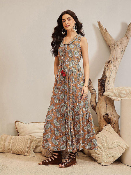 Ikat Print Fit & Flare Maxi Dress For Women, Indian Dress For Women, Indian Gown, Sleeveless A-Line Dress For Women VitansEthnics