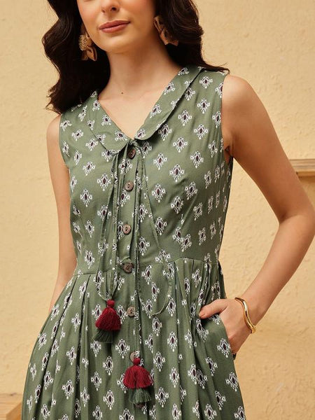 Ikat Print Fit & Flare Maxi Dress For Women, Indian Dress For Women, Indian Gown, Sleeveless A-Line Dress For Women VitansEthnics