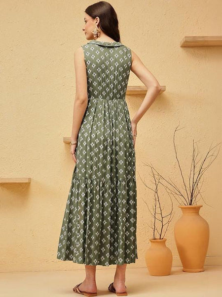 Ikat Print Fit & Flare Maxi Dress For Women, Indian Dress For Women, Indian Gown, Sleeveless A-Line Dress For Women VitansEthnics