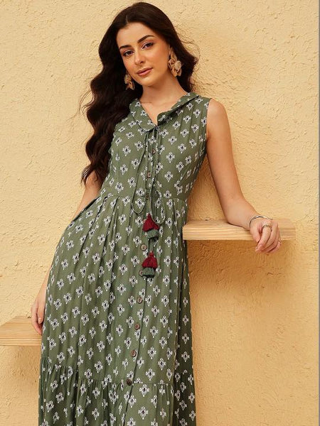 Ikat Print Fit & Flare Maxi Dress For Women, Indian Dress For Women, Indian Gown, Sleeveless A-Line Dress For Women VitansEthnics