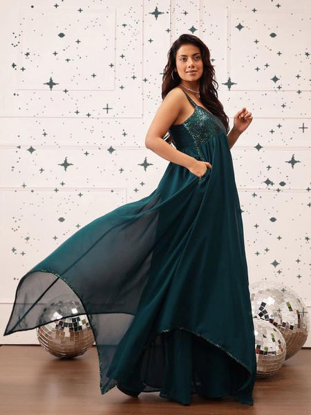 Embellished Georgette Fit & Flare Maxi Dress For Women, Indian Dress For Women, Indian Gown, Sleeveless Maxi Dress For Women VitansEthnics