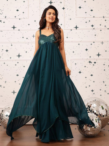 Embellished Georgette Fit & Flare Maxi Dress For Women, Indian Dress For Women, Indian Gown, Sleeveless Maxi Dress For Women VitansEthnics