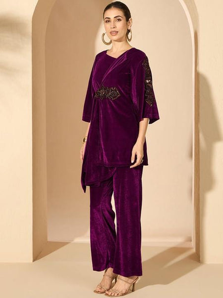 Velvet Embellished V-Neck Tunic with Palazzos For Women, Indian Co-ords Set, Ethnic Indo Western Fusion Outfit, Coords VitansEthnics