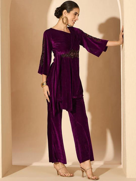 Velvet Embellished V-Neck Tunic with Palazzos For Women, Indian Co-ords Set, Ethnic Indo Western Fusion Outfit, Coords VitansEthnics