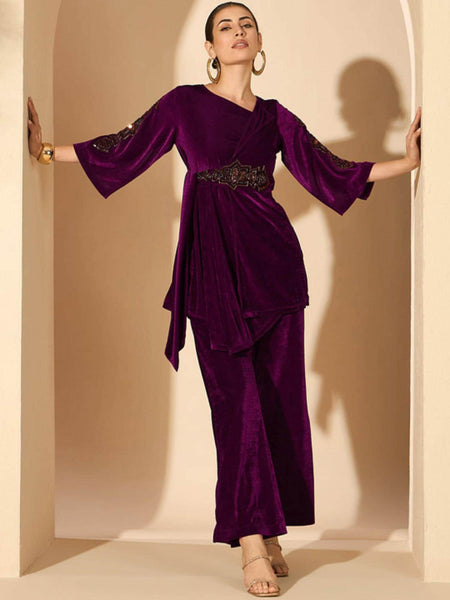 Velvet Embellished V-Neck Tunic with Palazzos For Women, Indian Co-ords Set, Ethnic Indo Western Fusion Outfit, Coords VitansEthnics