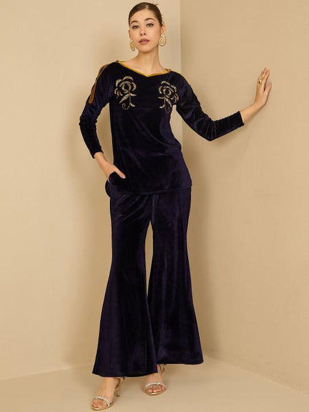 Navy Blue Embellished Velvet Top With Palazzo For Women, Indian Co-ords Set, Ethnic Indo Western Fusion Outfit, Coords VitansEthnics