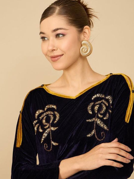 Navy Blue Embellished Velvet Top With Palazzo For Women, Indian Co-ords Set, Ethnic Indo Western Fusion Outfit, Coords VitansEthnics