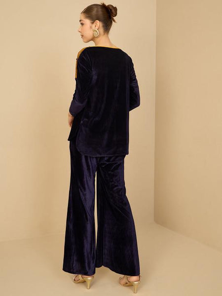 Navy Blue Embellished Velvet Top With Palazzo For Women, Indian Co-ords Set, Ethnic Indo Western Fusion Outfit, Coords VitansEthnics