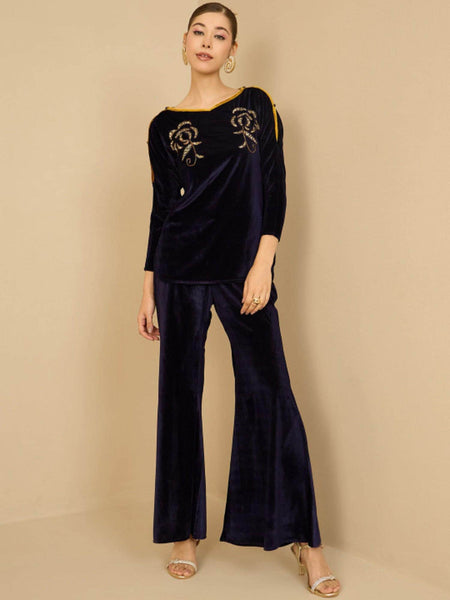 Navy Blue Embellished Velvet Top With Palazzo For Women, Indian Co-ords Set, Ethnic Indo Western Fusion Outfit, Coords VitansEthnics