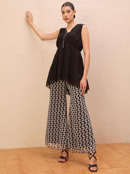 Embellished V-Neck Top With Printed Palazzos Co-Ords Set For Women, Ethnic Indo Western Outfit, Indian Dress, Indian Wedding Guest Outfit VitansEthnics