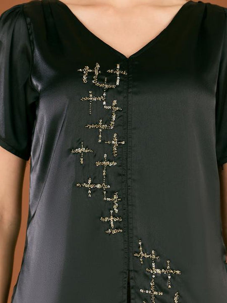 Embellished V-Neck Top With Printed Palazzos Co-Ords Set For Women, Indo Western Fusion Outfit, Indian Dress, Indian Wedding Guest Outfit VitansEthnics