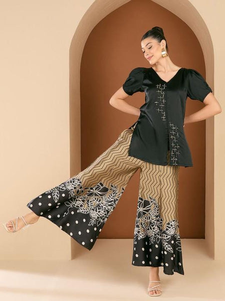 Embellished V-Neck Top With Printed Palazzos Co-Ords Set For Women, Indo Western Fusion Outfit, Indian Dress, Indian Wedding Guest Outfit VitansEthnics