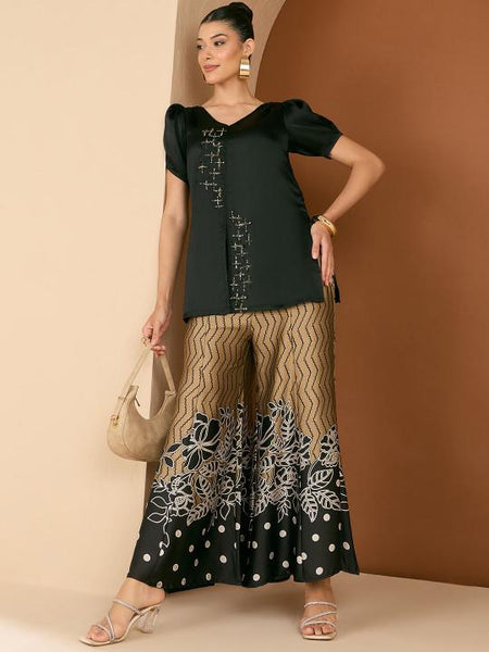 Embellished V-Neck Top With Printed Palazzos Co-Ords Set For Women, Indo Western Fusion Outfit, Indian Dress, Indian Wedding Guest Outfit VitansEthnics