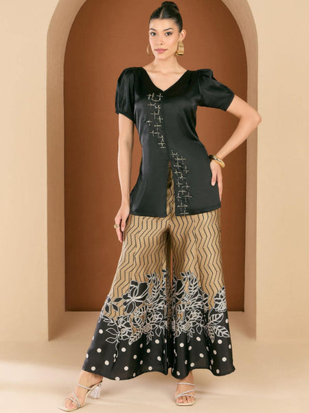 Embellished V-Neck Top With Printed Palazzos Co-Ords Set For Women, Indo Western Fusion Outfit, Indian Dress, Indian Wedding Guest Outfit VitansEthnics