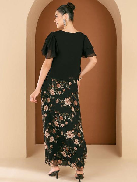 Embellished V-Neck Top With Printed Draped Skirt For Women, Indo Western Fusion Outfit, Indian Co-Ords Set, Indian Wedding Guest Outfit VitansEthnics