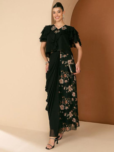 Embellished V-Neck Top With Printed Draped Skirt For Women, Indo Western Fusion Outfit, Indian Co-Ords Set, Indian Wedding Guest Outfit VitansEthnics
