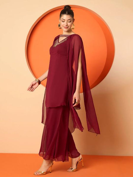 Embellished V-Neck Tunic & Palazzos Co-Ords Set For Women, Indo Western Fusion Outfit, Indian Dress, Indian Wedding Guest Outfit VitansEthnics