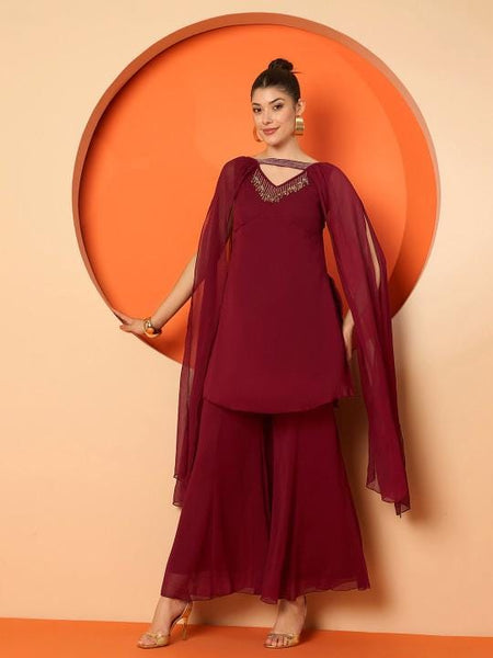 Embellished V-Neck Tunic & Palazzos Co-Ords Set For Women, Indo Western Fusion Outfit, Indian Dress, Indian Wedding Guest Outfit VitansEthnics