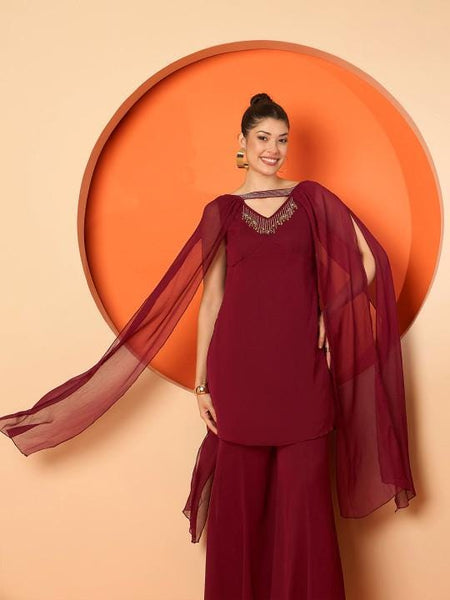 Embellished V-Neck Tunic & Palazzos Co-Ords Set For Women, Indo Western Fusion Outfit, Indian Dress, Indian Wedding Guest Outfit VitansEthnics