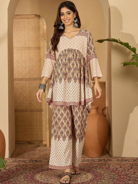 Printed V-Neck Tunic & Trousers Co-Ords Set For Women, Wedding Guest Outfit, Indian Co-Ords Set, Indo Western Dress VitansEthnics