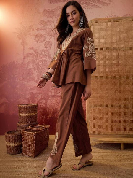Embroidered Cotton Yoke Design Top with Trousers Co-Ords Set For Women, Wedding Guest Outfit, Indian Co-Ords Set, Indo Western Dress VitansEthnics