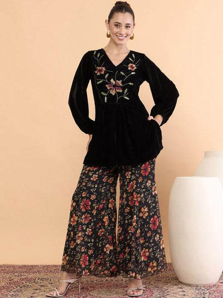 Embroidered V-Neck Velvet Tunic With Palazzos For Women, Indian Co-ords Set, Ethnic Indo Western Fusion Outfit VitansEthnics