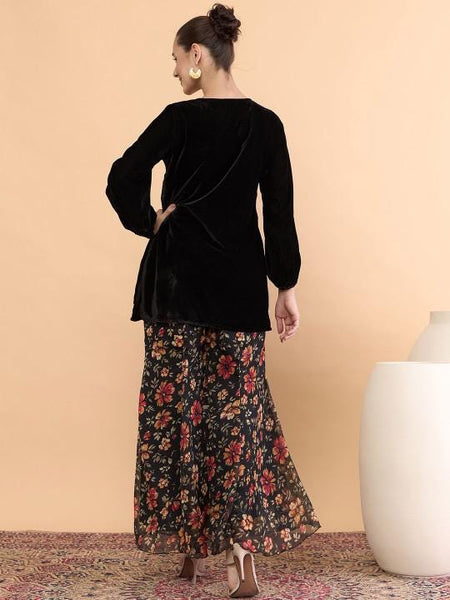 Embroidered V-Neck Velvet Tunic With Palazzos For Women, Indian Co-ords Set, Ethnic Indo Western Fusion Outfit VitansEthnics