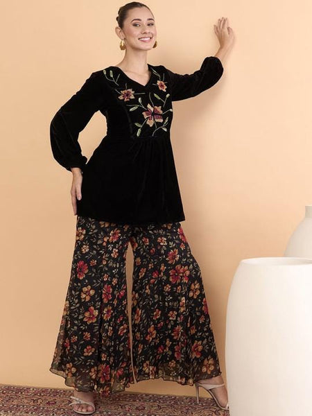 Embroidered V-Neck Velvet Tunic With Palazzos For Women, Indian Co-ords Set, Ethnic Indo Western Fusion Outfit VitansEthnics
