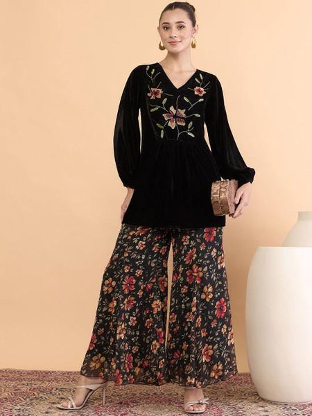 Embroidered V-Neck Velvet Tunic With Palazzos For Women, Indian Co-ords Set, Ethnic Indo Western Fusion Outfit VitansEthnics