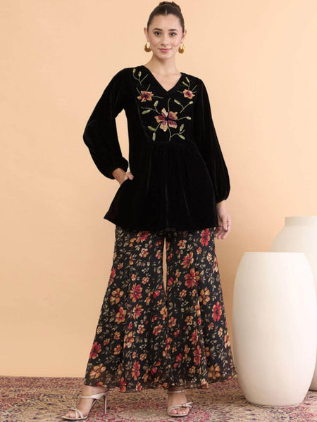 Embroidered V-Neck Velvet Tunic With Palazzos For Women, Indian Co-ords Set, Ethnic Indo Western Fusion Outfit VitansEthnics