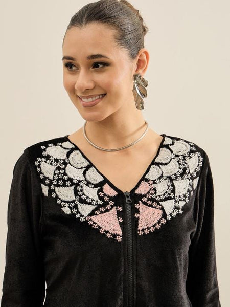 Embroidered velvet V-Neck Top & Sharara For Women, Indian Co-ords Set, Ethnic Indo Western Fusion Outfit VitansEthnics
