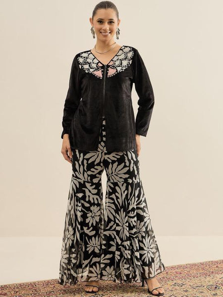 Embroidered velvet V-Neck Top & Sharara For Women, Indian Co-ords Set, Ethnic Indo Western Fusion Outfit VitansEthnics
