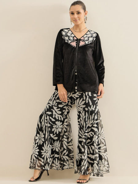 Embroidered velvet V-Neck Top & Sharara For Women, Indian Co-ords Set, Ethnic Indo Western Fusion Outfit VitansEthnics
