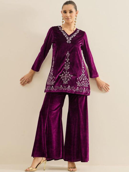 Embroidered Velvet V-Neck Tunic & Trousers For Women, Indian Co-ords Set, Ethnic Indo Western Fusion Outfit VitansEthnics