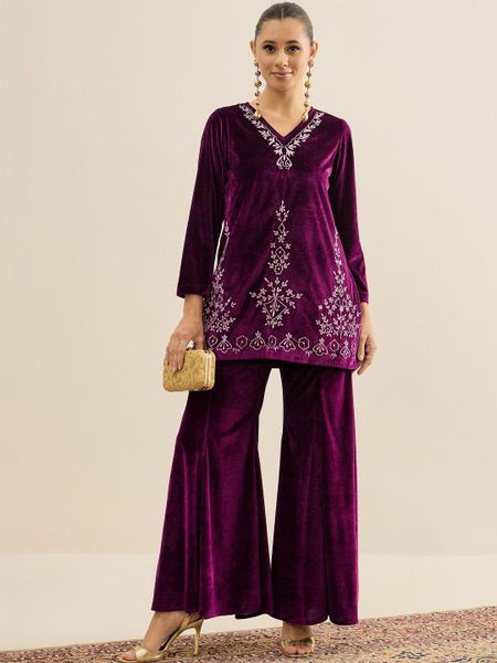Embroidered Velvet V-Neck Tunic & Trousers For Women, Indian Co-ords Set, Ethnic Indo Western Fusion Outfit VitansEthnics