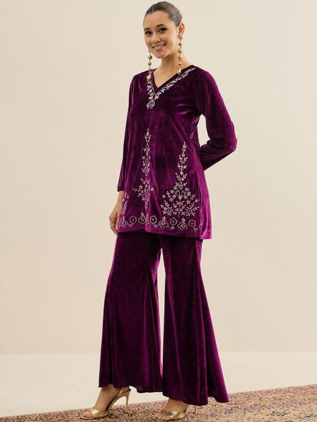 Embroidered Velvet V-Neck Tunic & Trousers For Women, Indian Co-ords Set, Ethnic Indo Western Fusion Outfit VitansEthnics