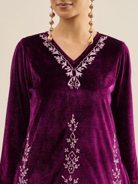 Embroidered Velvet V-Neck Tunic & Trousers For Women, Indian Co-ords Set, Ethnic Indo Western Fusion Outfit VitansEthnics