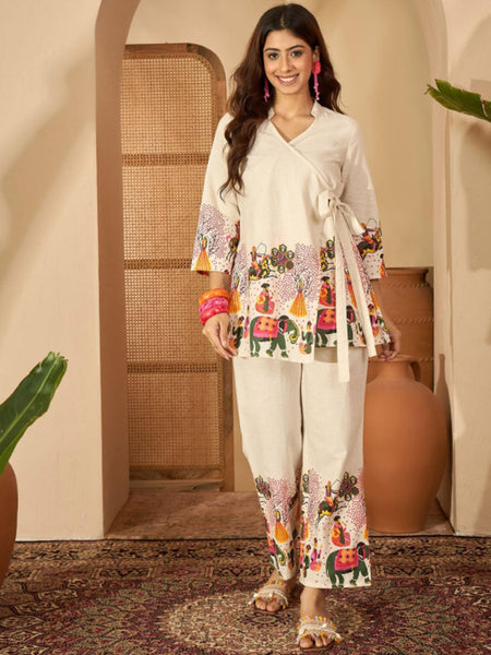 Abstract Printed Pure Cotton Wrap On Tunic & Trouser Co-Ords Set For Women, Wedding Guest Outfit, Indian Co-Ords Set, Indo Western Dress VitansEthnics
