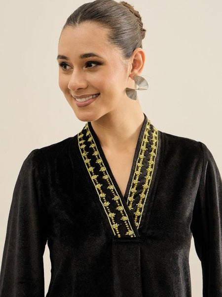 Embellished Velvet V-Neck Tunic & Trousers Set For Women, Indian Co-ords Set, Ethnic Indo Western Fusion Outfit VitansEthnics