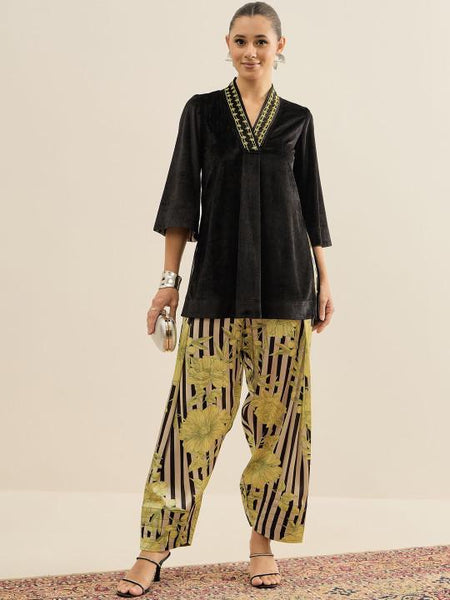 Embellished Velvet V-Neck Tunic & Trousers Set For Women, Indian Co-ords Set, Ethnic Indo Western Fusion Outfit VitansEthnics