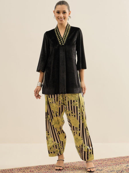Embellished Velvet V-Neck Tunic & Trousers Set For Women, Indian Co-ords Set, Ethnic Indo Western Fusion Outfit VitansEthnics