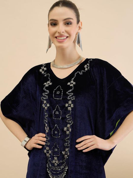Embellished Velvet Kaftan Tunic & Brocade Trousers Set For Women, Indian Co-ords Set, Ethnic Indo Western Fusion Outfit VitansEthnics