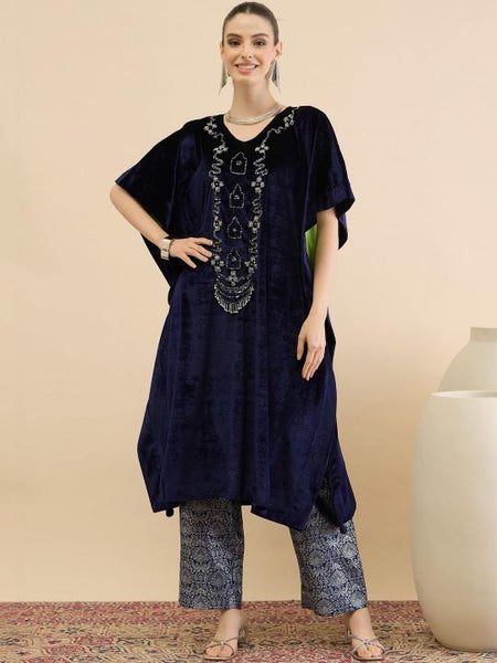 Embellished Velvet Kaftan Tunic & Brocade Trousers Set For Women, Indian Co-ords Set, Ethnic Indo Western Fusion Outfit VitansEthnics