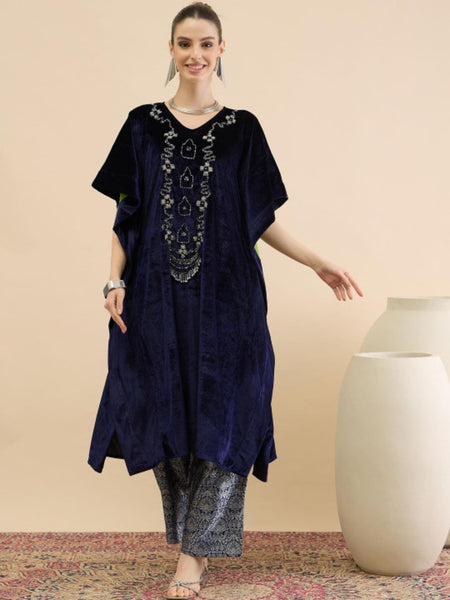 Embellished Velvet Kaftan Tunic & Brocade Trousers Set For Women, Indian Co-ords Set, Ethnic Indo Western Fusion Outfit VitansEthnics