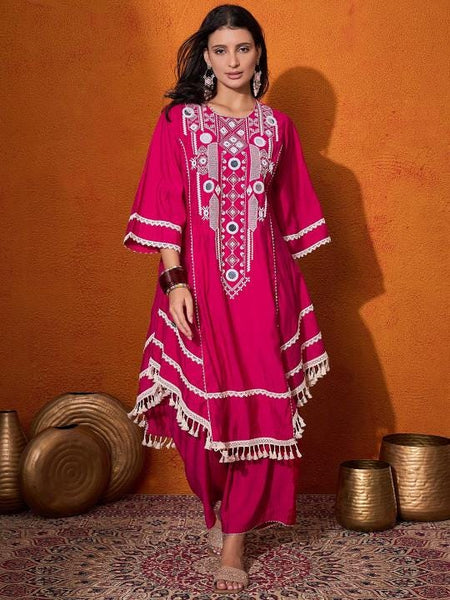 Floral Embroidered Mirror Work A-Line Kurta with Palazzo Co-Ords Set For Women, Wedding Guest Outfit, Indian Co-Ords Set, Indo Western Dress VitansEthnics