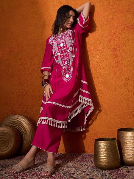 Floral Embroidered Mirror Work A-Line Kurta with Palazzo Co-Ords Set For Women, Wedding Guest Outfit, Indian Co-Ords Set, Indo Western Dress VitansEthnics