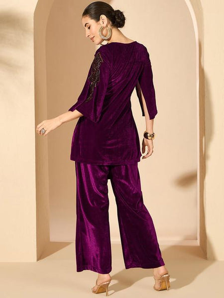 Velvet Embellished V-Neck Tunic with Palazzos For Women, Indian Co-ords Set, Ethnic Indo Western Fusion Outfit, Coords VitansEthnics