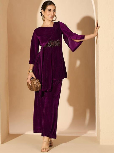 Velvet Embellished V-Neck Tunic with Palazzos For Women, Indian Co-ords Set, Ethnic Indo Western Fusion Outfit, Coords VitansEthnics